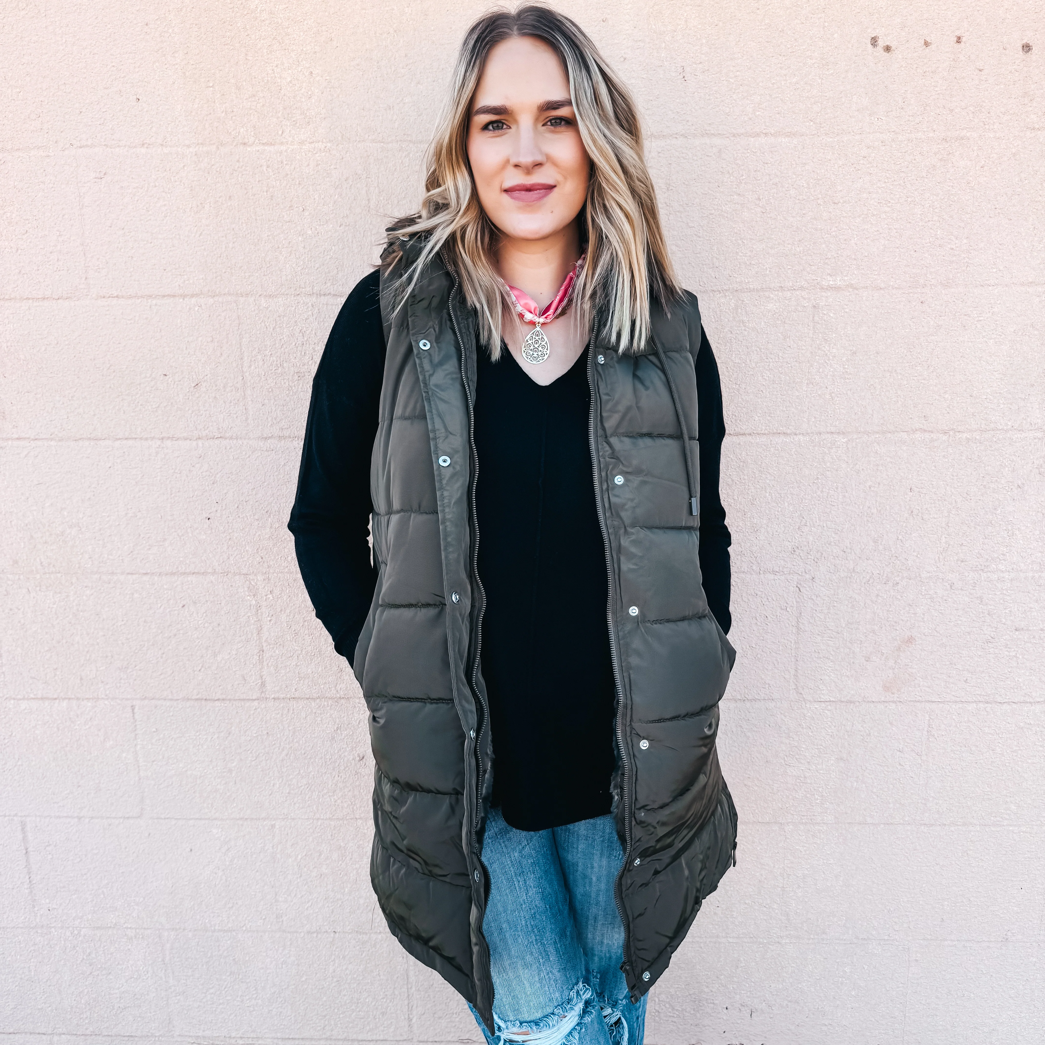 Camille Long Puffer Vest - OLIVE - Image 2
