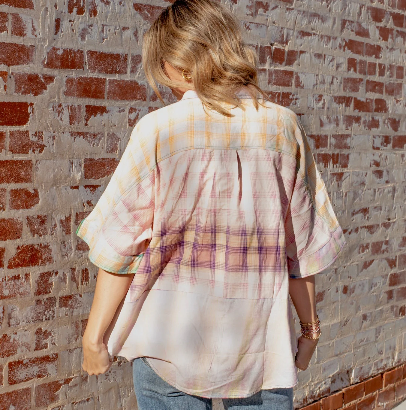 Pastel Plaid Short Sleeve Blouse - Image 2